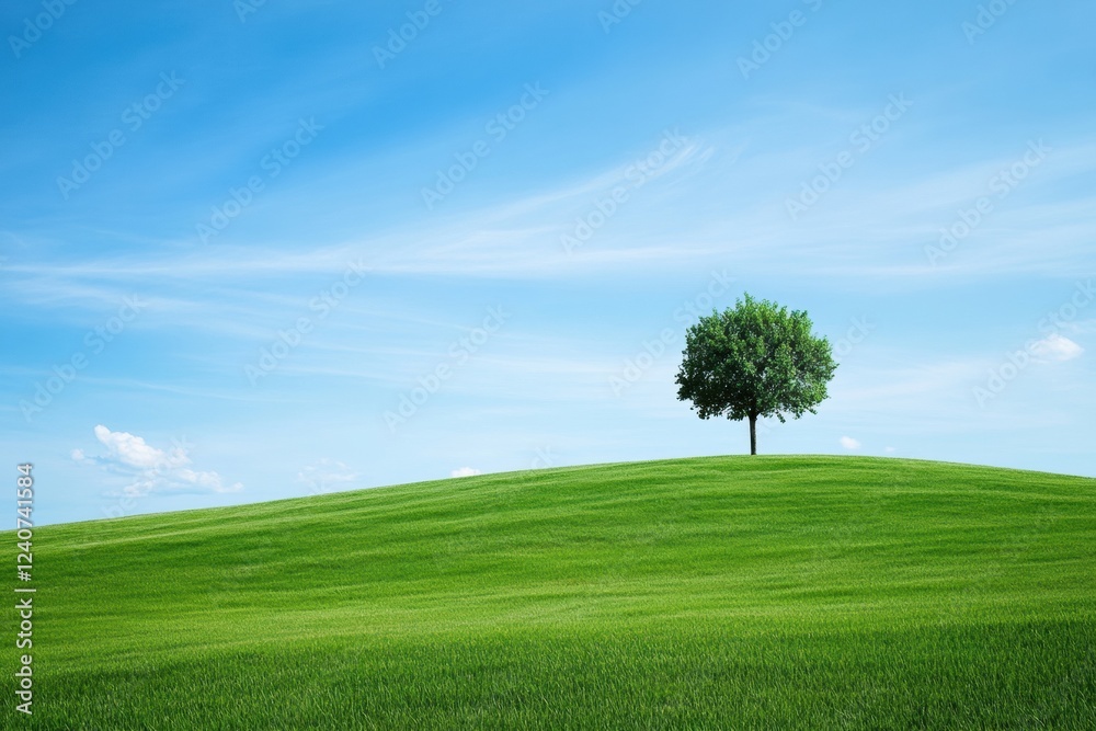 Poster green hill under clear blue sky with a single tree standing tall amidst lush grass and gentle terrai