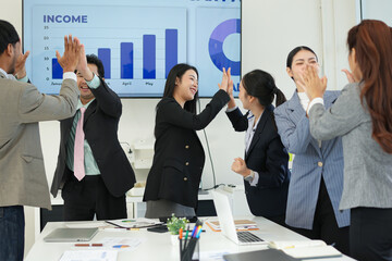Business team brainstorming for planning strategies, laptop meeting with collaboration to present group project in office.