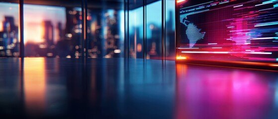 A sleek, modern interior with city skyline views, illuminated by vibrant neon lights and digital displays, creating a futuristic ambiance.