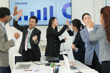 Business team brainstorming for planning strategies, laptop meeting with collaboration to present group project in office.