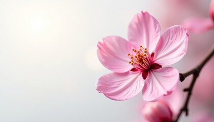 Pink blossom with stamen against a soft white background, floral arrangements, greenery, garden scenes