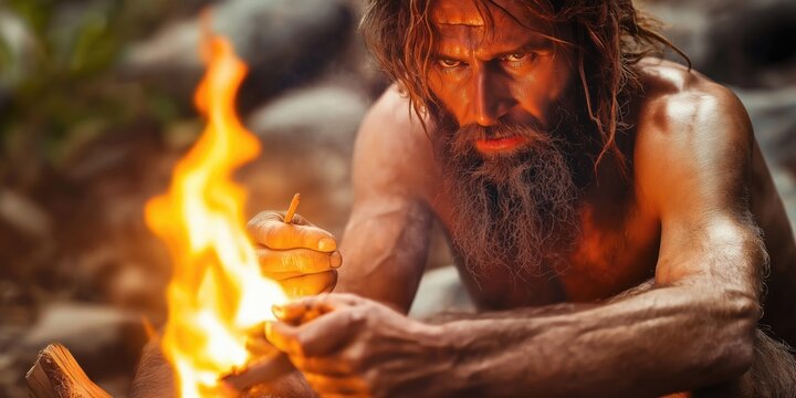 A rugged man with a beard focused on starting a fire in a natural setting.