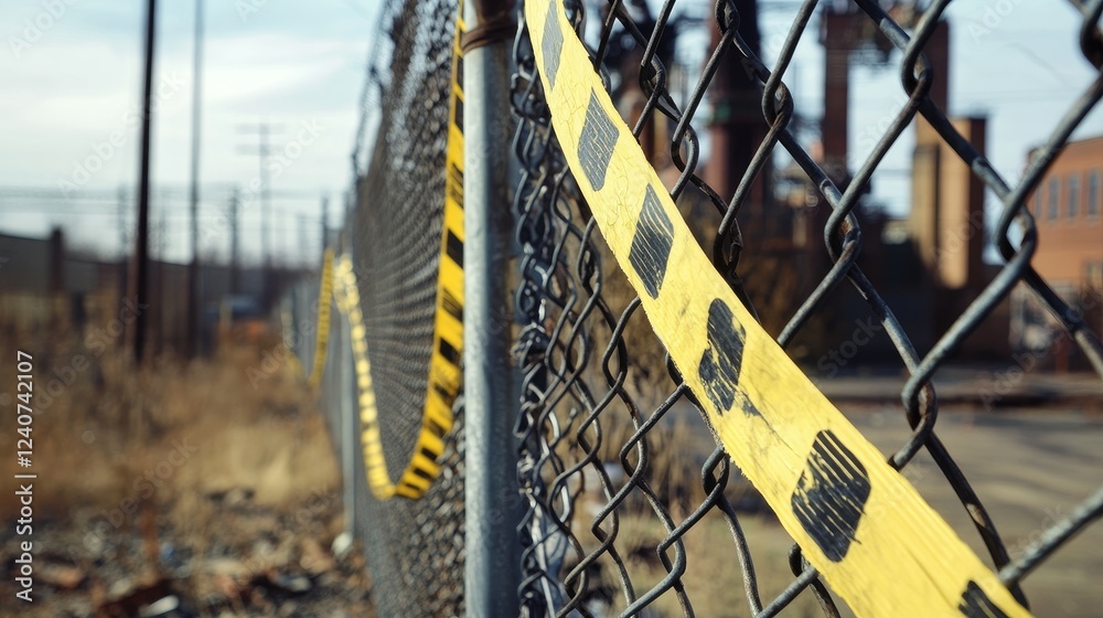 Poster a chain-link fence draped with yellow and black barricade tape, flapping in the wind outside an aban