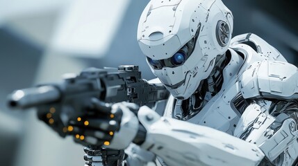 Fototapeta premium Futuristic White Robot Soldier Aimed Weapon