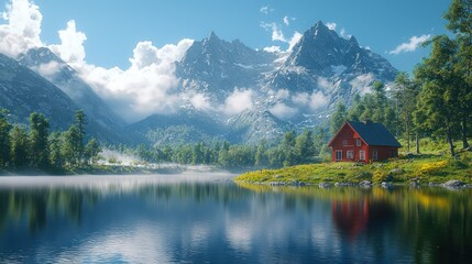 Fototapeta premium Red cabin lakeside, mountain vista, morning mist, tranquil scene, travel brochure