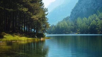 Obraz premium Peaceful lake surrounded by mountains and trees in the early morning light with a calm atmosphere inviting reflection. Generative AI