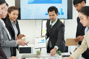 Business team brainstorming for planning strategies, laptop meeting with collaboration to present group project in office.