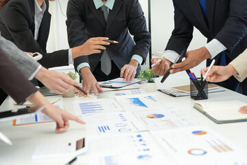 Business team brainstorming for planning strategies, laptop meeting with collaboration to present group project in office.