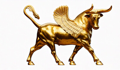 golden ancient mesopotamian style bull head wings statue isolated on white