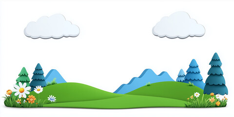 Rolling hills under a cloudy sky, isolated on white background