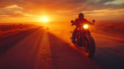 A motorcycle crossing a desert highway under a blazing sun, with mirages shimmering in the distance