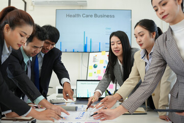 Business team brainstorming for planning strategies, laptop meeting with collaboration to present group project in office.