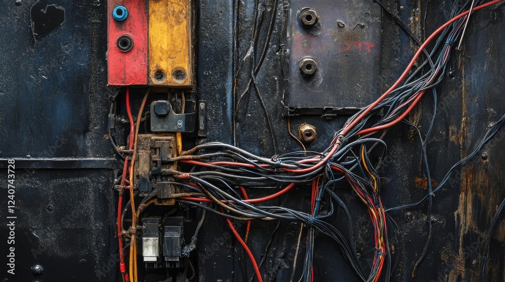 Aufkleber a close-up of a junction box with multiple wires securely wrapped in electrical tape and neatly arra