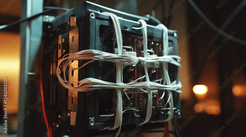 Poster A close-up of a junction box with multiple wires securely wrapped in electrical tape and neatly arranged, showcasing electrical precision and safety.