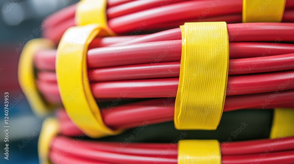 Aufkleber a close-up of a neatly organized bundle of electrical wires, insulated with red and yellow electrica