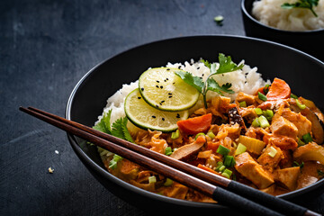 Thai food - chicken nuggets with vegetables, mushrooms and rice in tomato and coconut milk sauce on black table