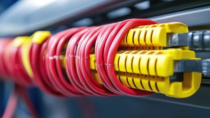 Obraz premium A close-up of a neatly organized bundle of electrical wires, insulated with red and yellow electrical tape, showcasing clean and efficient electrical work.