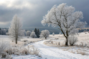 Obraz premium Snow-covered landscape with frost-covered trees