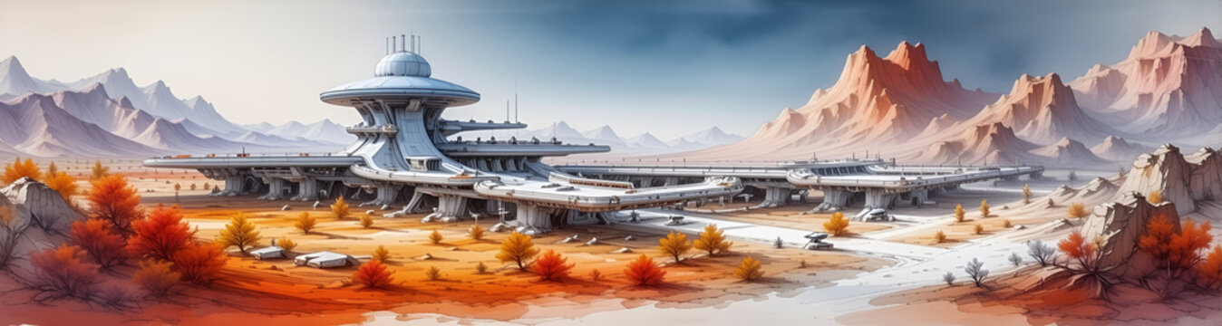 illustrazione in ambiantazione futuristica con costruzioni imponenti e tecnologiche