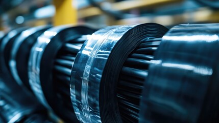 Obraz premium A close-up of black electrical tape insulating wire bundles, running along a cable conduit, showing the precision and safety of electrical installations.