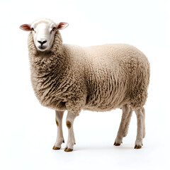 A full-body photograph of an isolated sheep on a white background, in a photorealistic style, high resolution, ultra-wide angle, depth of field photography, hyper-realistic, super-detailed, 
