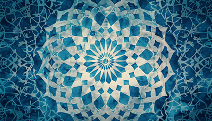 Obraz premium Intricate blue and white geometric pattern resembling traditional tile work, showcasing symmetry and artistry