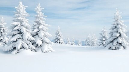 Obraz premium Snow-covered fir trees on a winter mountain landscape. Ideal for winter holiday cards
