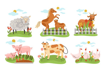 Illustrated Farm Animals in a Pastoral Setting