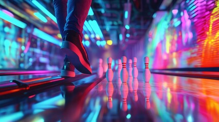 A close-up of someone aligning bowling pins on a lane, with bright colors and reflections creating a fun, energetic atmosphere.