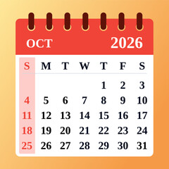 October 2026 Monthly Calendar and Planner. October 2026 Calendar and Productivity Map, Strategic October 2026 Time Planner. Flat illustration