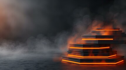 A dark, smoky scene features a hexagonal, tiered structure with bright orange neon lighting along its edges.