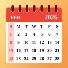 February 2026 Calendar and Productivity Map. Red february 2026 Monthly Calendar and Planner, Strategic Feb 2026 Time Planner. Flat design. Vector illustration.