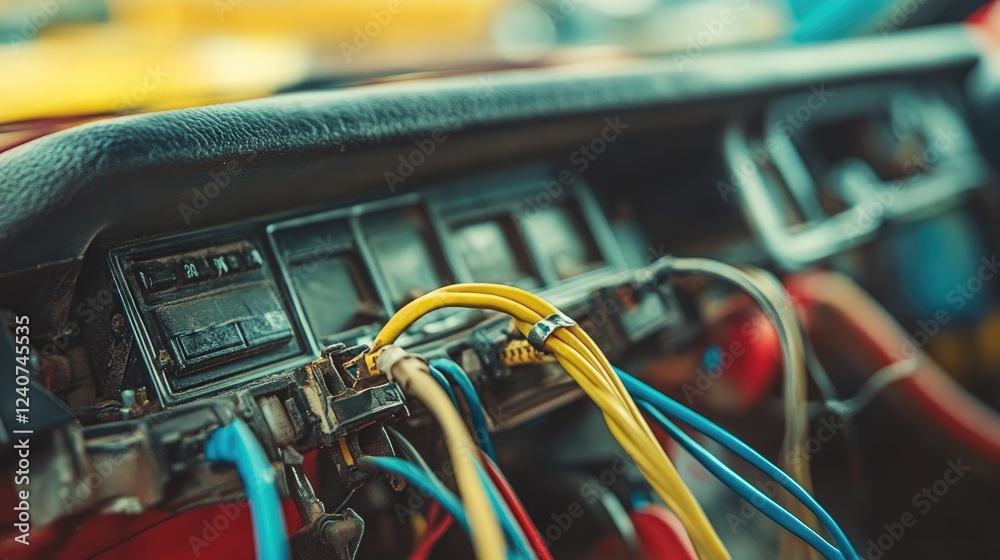 Poster a close-up of wires insulated with electrical tape under a car dashboard, showing a detailed automot