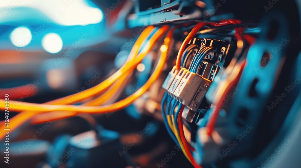 Poster a close-up of wires insulated with electrical tape under a car dashboard, showing a detailed automot