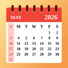 May 2026 Calendar. Vector calender. Flat design. 
