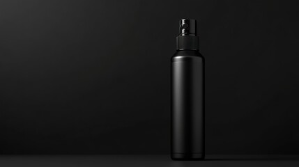 Black spray bottle mockup, dark studio, product presentation