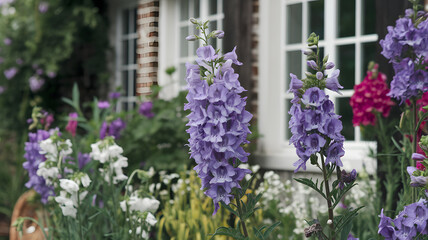 Larkspur flowers in a cottage garden.