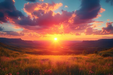 Obraz premium Majestic Mountain Sunset Over Serene Meadow for Nature Posters