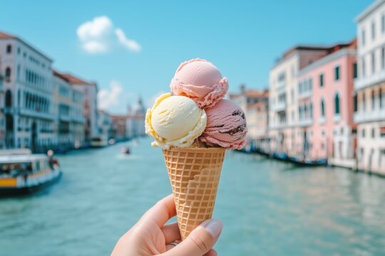 Indulge in a Refreshing Summer Treat Savoring an Ice Cream Cone while enjoying the picturesque scenery of a beautiful canal in Venice, a perfect combination for a delightful summer outing