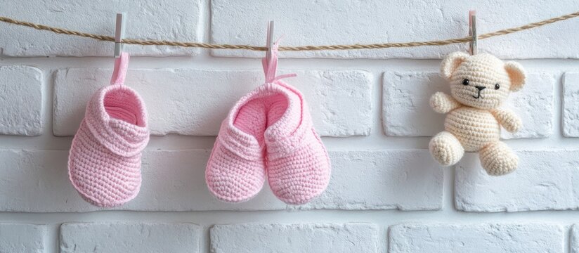 Pink booties, teddy, brick wall, baby shower - Powered by Adobe