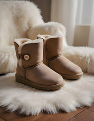 ugg boots  comfy winter boots placed on a faux fur rug in a cozy living room