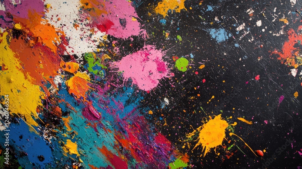 Aufkleber a colorful and abstract display of paint splashes in vivid hues, captured in high detail on a black 