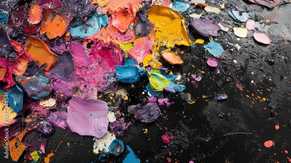 Aufkleber A colorful and abstract display of paint splashes in vivid hues, captured in high detail on a black studio floor for a dynamic visual.