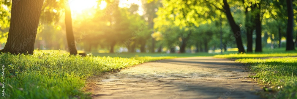 Fototapete warm sunlight filters through trees illuminating a peaceful walking path lined with fresh greenery i