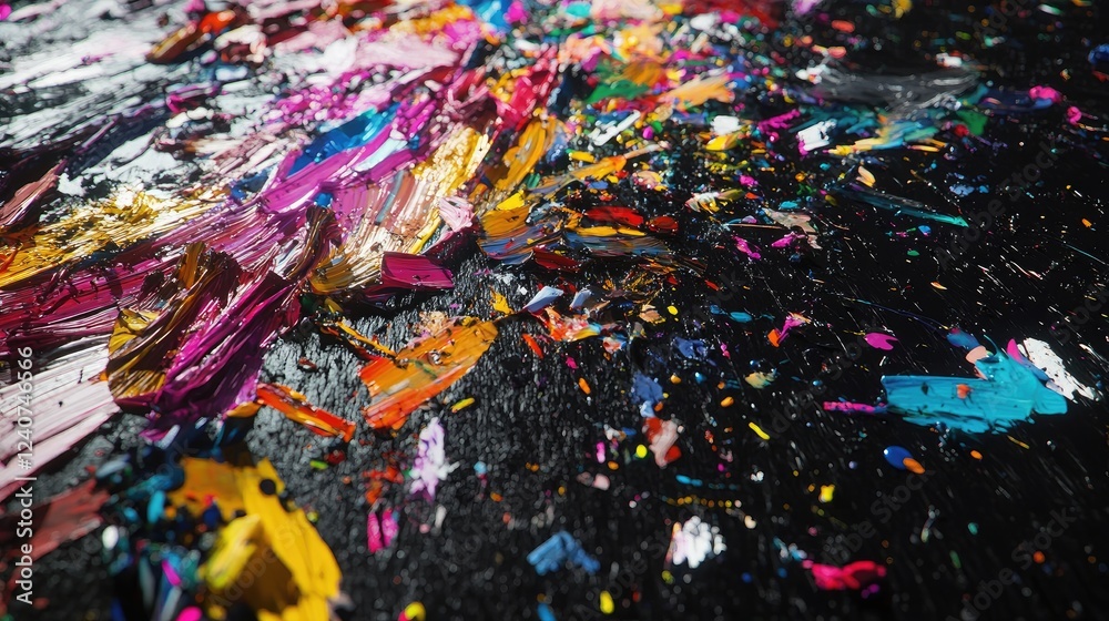 Aufkleber A colorful and abstract display of paint splashes in vivid hues, captured in high detail on a black studio floor for a dynamic visual.
