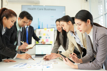 Business team brainstorming for planning strategies, laptop meeting with collaboration to present group project in office.