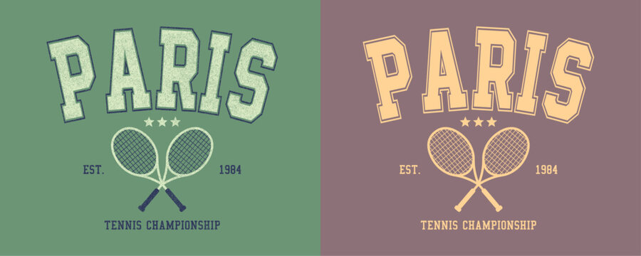 Paris Tennis Championship retro college varsity typographic vector graphic.