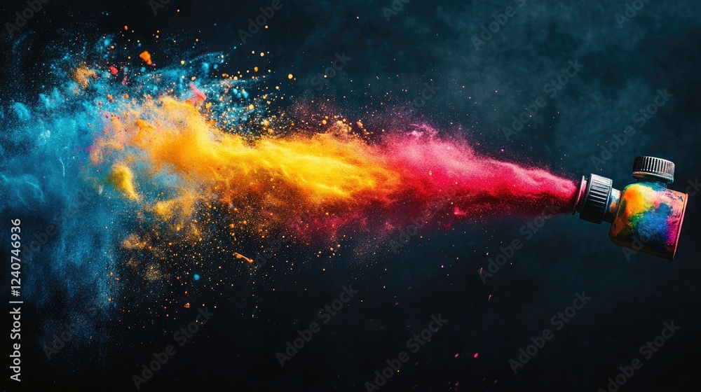 Poster a colorful burst of paint shooting out from a spray can nozzle, set against a dark background, showc