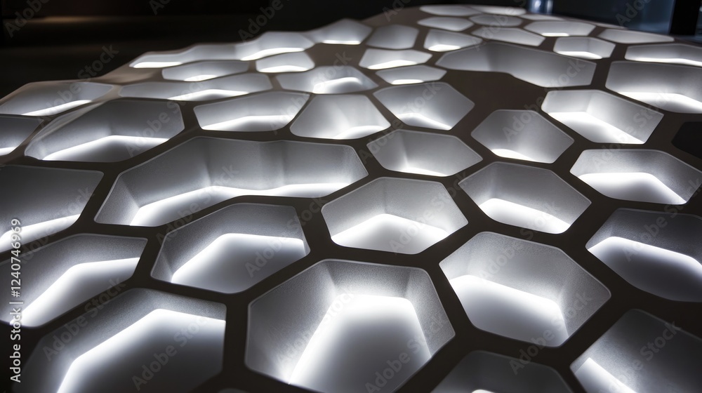 Aufkleber A complex, interlocking hexagonal pattern illuminated with soft, futuristic lighting, creating a digital, cutting-edge design.