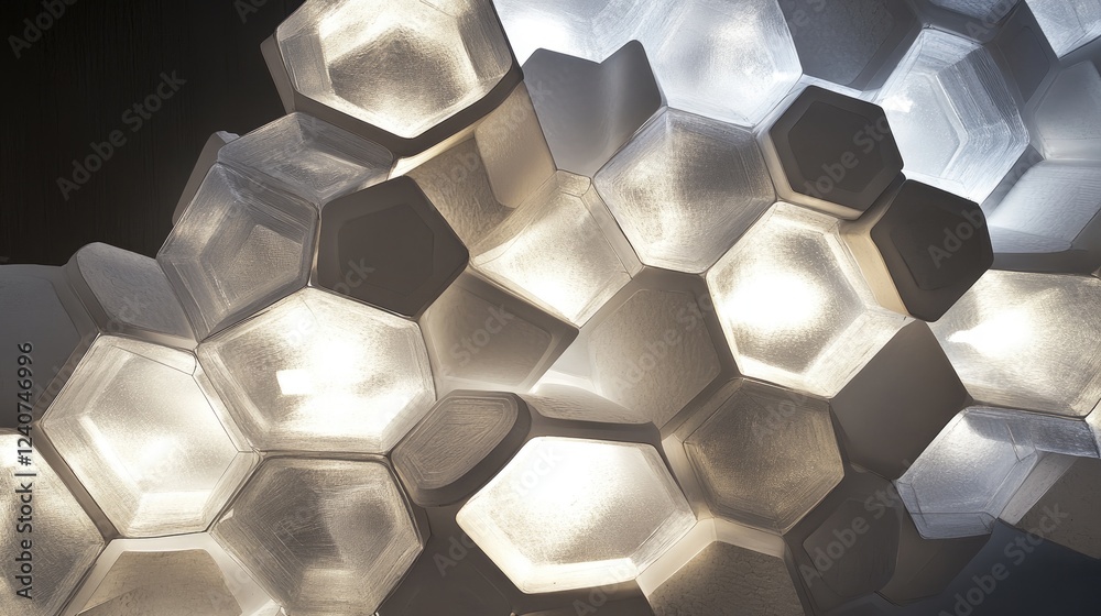 Poster A complex, interlocking hexagonal pattern illuminated with soft, futuristic lighting, creating a digital, cutting-edge design.